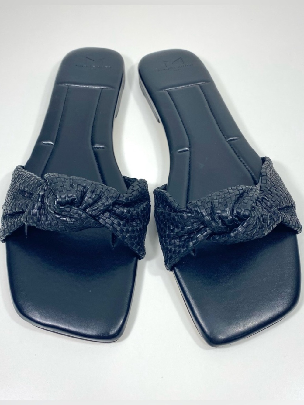 Marc Fisher LTD Marlon Black Leather Slides Sandals Flats + Woven Knot Upper 11